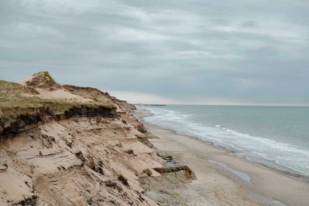 Foggy Danish coastline with cliffs at dawn